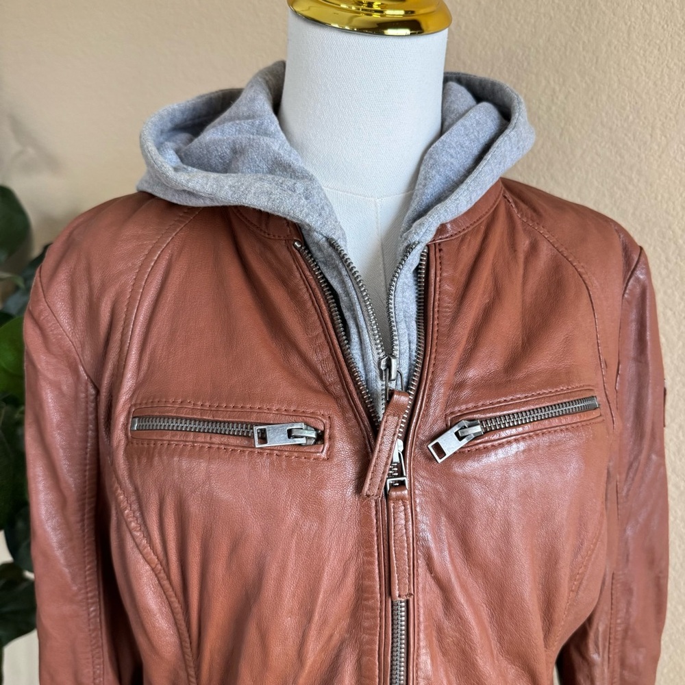 Mauritius Cognac Lamb Leather Moto Jacket Women’s XL Removable Gray Hood - Picture 3 of 16